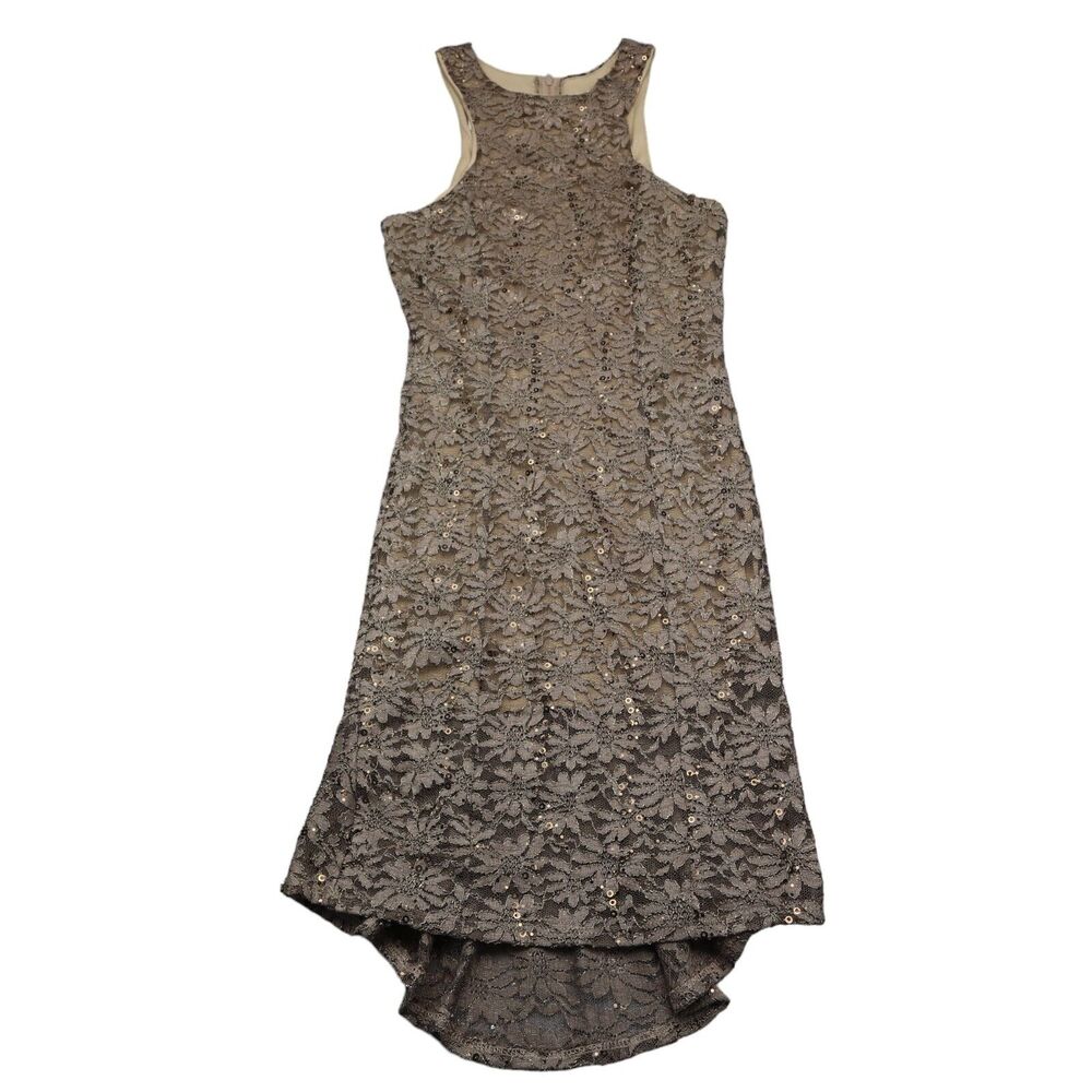Coco Avante Dress Womens M Brown Floral Sequin Lace Halter Neck Back Zip Maxi